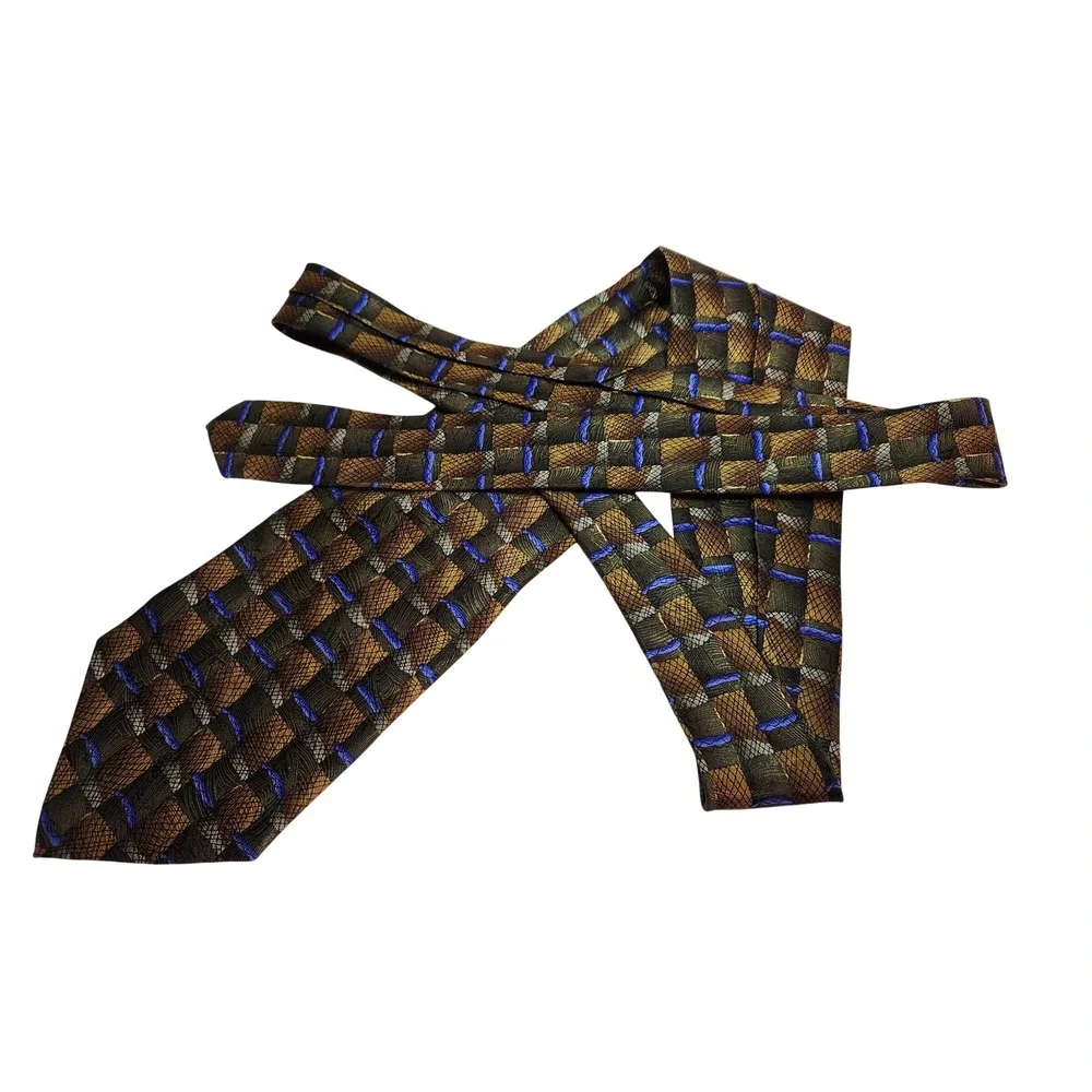 J Garcia Mens Silk Tie Birdland Collection Fourteen‎ Brown Blue Geometric 4 x 60